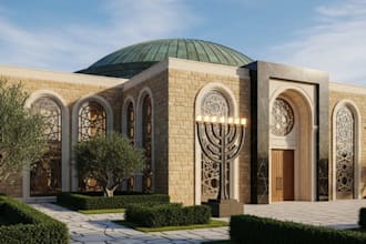do 3d church design, 3d church elevation, synagogue, temple, 3d mosque design