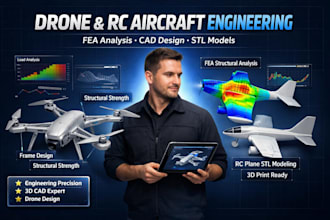 design fea structural analysis, drone fuselage cad design, rc plane stl modeling