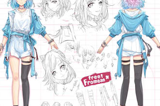 draw anime style character reference sheet design for you
