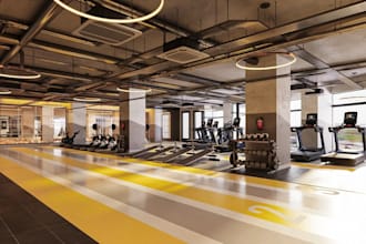 redesign commercial gym interior facility, 3d layout plan, fitness center render