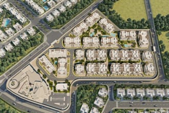 visualize 3d residential complex, apartment exterior render, playground compound