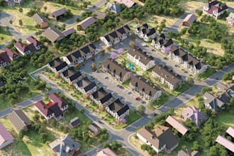 digital architectural residential estate, multifamily units, landscape walkways