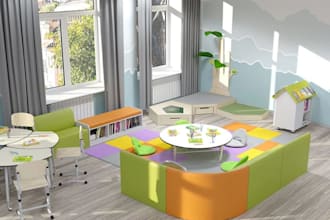 modular preschool classroom design in sketchup, corona render education interior