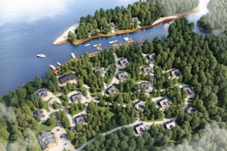 craft glamping lakeside house,waterfront property,community layout,cgi rendering