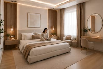 design realistic 3d bedroom and living room interior