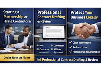 review and draft mou, contractor agreement, affiliate, employee handbook, saas