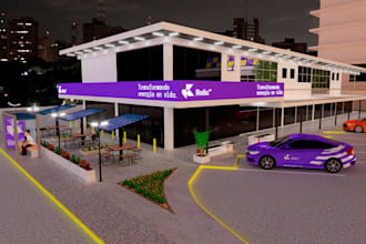 render3d service station with solar panel exterior,rooftop panel layout,car park