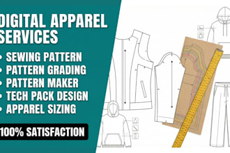 design digital clothing sewing patterns, apparel grading and garment tech packs
