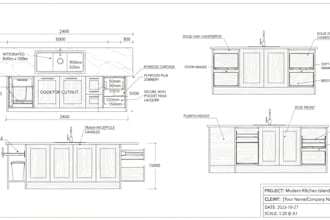draft shop drawings, kitchen drawing, section, elevation for interior