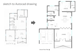 convert hand sketch to autocad 2d plan,  3d model and realistic render
