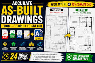 redraw as built drawings from PDF, jpg, or hand sketch into autocad