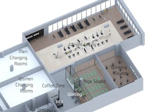 provide 3d gym design, training facility, fitness studio, outdoor gym design