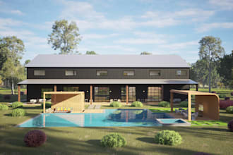 design a modern barndominium with a realistic 3d rendering