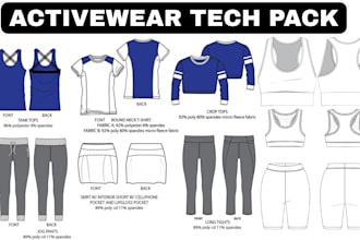 design professional activewear tech pack with flat sketch for manufacturers
