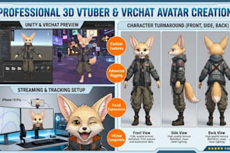 3d vrchat avatar, unity VR character, vroid vtuber model, furry avatar full rig