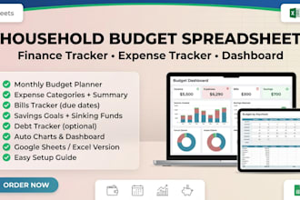 create household budget spreadsheet, finance tracker, expense tracker for etsy