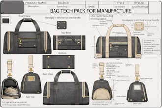 develop a professional bag tech pack for production and sampling