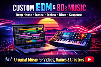 compose 80s music, deep house, trance, edm, techno, disco music, suspense track