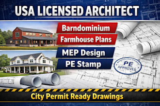 usa licensed architect for barndominium, farm house, mep, pe stamp city permit