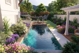 landscape design, garden design, backyard, pool and terrace
