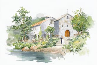draw watercolor wedding venue, house and building