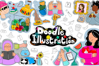 draw flat doodle art illustration, icons in line art hand drawn style