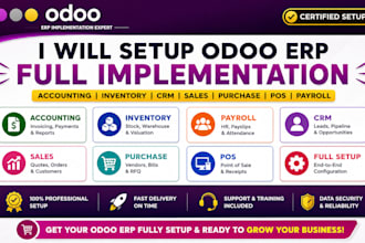 do complete odoo erp setup, odoo accounting, inventory, CRM and odoo payroll,pos