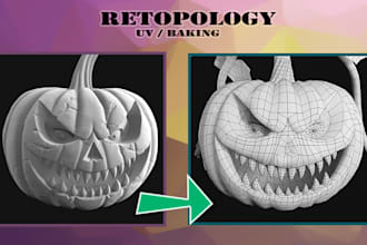 clean retopology, uv mapping and normal map baking