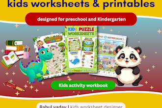 design printable kids activity book pages, puzzles and worksheets