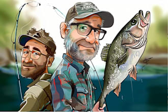 make a cartoon caricature illustration, a fishing caricature
