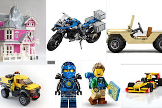 do lego digital car, bike, minifigure, ship, toy and house with functioning part