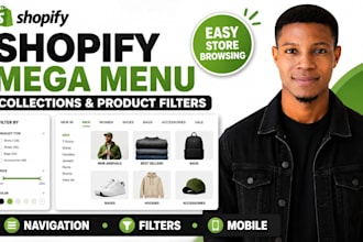 create shopify collection, mega menu, navigation and product filters and variant