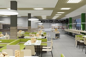 design modern cafeteria ,bakery cafe interior, food court,seating area rendering