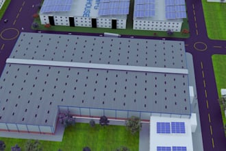 design a 3d warehouse, factory, logistics center with realistic rendering