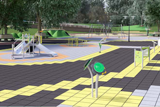retrofit modern outdoor playground,children play park render,landscaped greenery