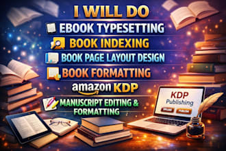 do ebook typesetting, book indexing, book page layout design, book formatting