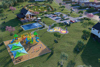 establish cgi recreational park,outdoor amenities,aerial view,playground render