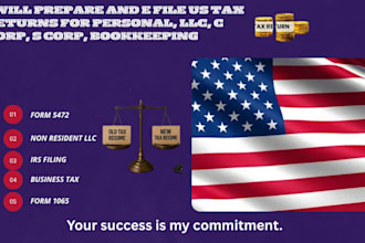 prepare and e file US tax returns for personal, llc, c corp, s corp, bookkeeping