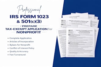 prepare irs form 1023 and 501c3 tax exempt application for nonprofit