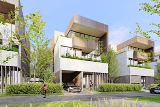 recreation of cgi 3d private villa, tropical exterior, urban area, duplex render