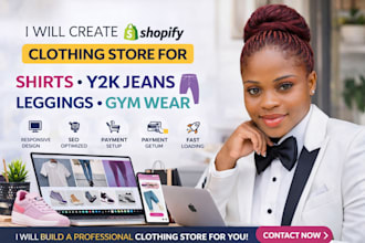 create shopify clothing store for shirts y2k jeans leggings gym wear design seo