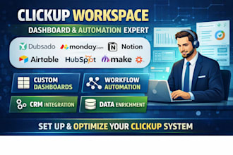 set up and customize clickup workspace and clickup dashboard with automation