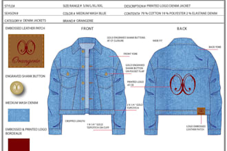 create a professional fashion tech pack, clothing tech pack and technical flat