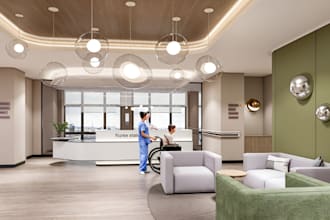 provide 3d interior design for hospital renovation clinic, pharmaceutical spaces