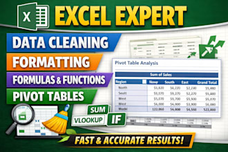 do excel data cleaning, formatting, formulas,pivot tables
