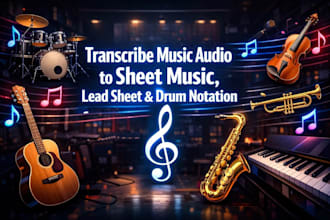 transcribe music, audio sheet music lead sheet music drum transcription notation