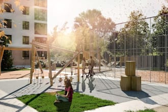 do 3d geometric playground, render 3d amusement park, playing equipment staging