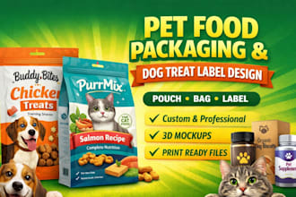 design pet food packaging, dog treat label, pet product pouch or bag design