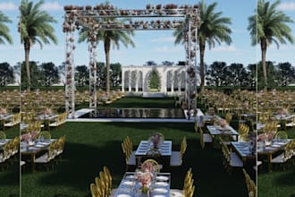 create 2d site plan, 3d wedding venue, outdoor wedding space, event hall 3d