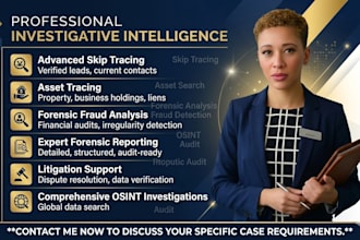 perform professional skip tracing, asset tracing, and forensic fraud analysis